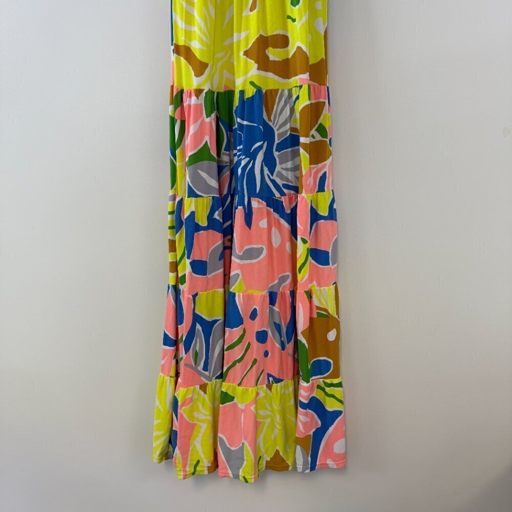 Maaji Marea Pink, Yellow, Blue Neon Deep Plunge Tiered Maxi Dress - Picture 4 of 6